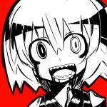  bad_id kikiriri looking_at_viewer monochrome open_mouth red_background rumia sharp_teeth short_hair simple_background solo the_embodiment_of_scarlet_devil touhou youkai 