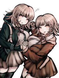  2girls breasts brown_hair brown_jacket collared_shirt danganronpa_(series) danganronpa_2:_goodbye_despair danganronpa_3_(anime) dual_persona flipped_hair galaga hair_ornament hood hope's_peak_academy_school_uniform ikemen'na_ore-shi jacket long_sleeves looking_at_viewer medium_hair multiple_girls nanami_chiaki neck_ribbon open_clothes open_jacket pink_eyes pink_ribbon pleated_skirt ribbon school_uniform shirt skirt smile spaceship_hair_ornament squeans thigh-highs white_shirt 