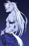  armlet blue_background furry hand_on_hip hips long_hair male pants precure saigi shirtless smile_precure! solo tail werewolf white_hair wolf_tail wolfrun 