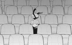  1boy animal_ears chair commentary dogrush english_commentary furry furry_male greyscale highres jax_(the_amazing_digital_circus) looking_down male_focus monochrome on_chair overalls rabbit_boy rabbit_ears sitting solo the_amazing_digital_circus theater 
