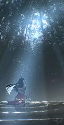  1girl absurdres bamboo bamboo_forest branch commentary english_commentary forest frilled_sleeves frills highres holding holding_branch houraisan_kaguya jeweled_branch_of_hourai leaf_print long_hair long_skirt long_sleeves mixed-language_commentary moonlight nature oubachiago outdoors pink_shirt print_skirt procreate_(medium) red_skirt reflection reflective_water ripples shirt signature skirt solo touhou very_long_hair water wide_sleeves 