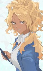  1girl absurdres blazer blonde_hair blue_jacket bluesky_logo brown_eyes cellphone dark-skinned_female dark_skin food_court_de_mata_ashita from_side gyaru highres holding holding_phone instagram_logo jacket knowname looking_at_viewer nail_polish parted_lips phone pixiv_logo ponytail_with_braided_base school shirt smartphone smile smirk solo twitter_logo twitter_username upper_body wavy_hair white_nails white_shirt yamamoto_(food_court) 
