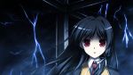  black_hair game_cg ichinose_yua lightning long_hair makita_maki necktie night rain red_eyes shinigami_no_testament sky 