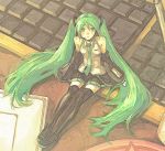  bare_shoulders boots computer_keyboard detached_sleeves green_eyes green_hair hatsune_miku headset keyboard long_hair necktie sitting thigh-highs thigh_boots thighhighs twintails very_long_hair vocaloid zettai_ryouiki 