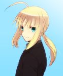  afjc ahoge blonde_hair fate/zero fate_(series) formal green_eyes long_hair necktie payot ponytail saber simple_background smile solo suit 