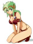  armlet armor bare_shoulders bikini_armor boots breasts cleavage gem green_eyes green_hair kahm kneeling large_breasts long_hair maabou navel outlanders solo squatting v_arms 