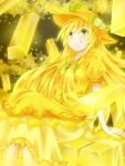  alternate_color alternate_costume alternate_hair_color bow dress food fruit gold gold_bar green_eyes hat hinanawi_tenshi leaf long_hair mixarumixa peach sitting smile solo touhou very_long_hair yellow yellow_eyes 