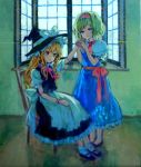  acrylic_paint_(medium) alice_margatroid ama-tou apron blonde_hair blue_eyes bow braid capelet character_doll doll_joints hairband hat hat_bow kirisame_marisa long_hair multiple_girls shoes short_hair single_braid touhou traditional_media waist_apron witch witch_hat yellow_eyes 