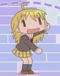  ahoge animated animated_gif blonde_hair blush clenched_hands dancing footwear happy hidamari_sketch hoshii_miki idolmaster kneehighs long_hair lowres miyako open_mouth parody ribbon school_uniform socks solo the_monkey unmoving_pattern |_| 