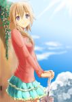  akane_(getwild23) akane_(pixiv3878966) blonde_hair blue_hair braid character_request closed_umbrella cloud copyright_request highres jacket leaning_back looking_at_viewer skirt sky umbrella wall 