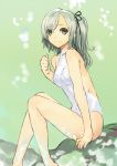  bare_legs barefoot green_background green_eyes green_hair hair_ribbon legs long_hair looking_at_viewer one-piece_swimsuit original ponytail ran&#039;ou_(tamago_no_kimi) ran'ou_(tamago_no_kimi) ribbon silver_hair sitting sketch smile solo swimsuit 