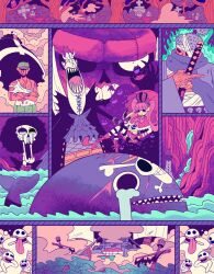  afro bartholomew_kuma boots brook_(one_piece) commentary crossed_arms crown do0dledan english_commentary evil_smile gecko_moria ghost graveyard green_hair haramaki highres holding holding_sword holding_umbrella holding_weapon laboon oars_(one_piece) one_piece perona skeleton skirt smile stitched_face stitches sword tears tongue tongue_out umbrella weapon whale 