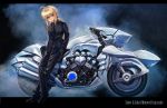  ahoge blonde_hair boyaking fate/zero fate_(series) formal motor_vehicle motorcycle necktie pant_suit ponytail saber solo suit vehicle 