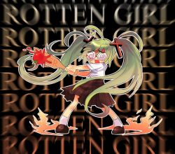 1girl ahoge aroused_nosebleed blood coke-bottle_glasses confessions_of_a_rotten_girl_(vocaloid) cross_hair_ornament deformed glasses green_hair hair_ornament hatsune_miku holding holding_paddle long_hair marnie_(marnielovesyou) nosebleed open_mouth paddle school_uniform shirt short_sleeves skirt solo twintails very_long_hair vocaloid white_shirt