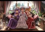  blonde_hair book dress flandre_scarlet multiple_girls patchouli_knowledge purple_hair qblade reading red_eyes remilia_scarlet revision sitting touhou white_hair wings 