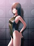  brown_hair competition_swimsuit grey_eyes highres kirin404 one-piece_swimsuit original short_hair solo swimsuit zipper 