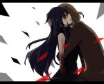  1girl amputee bad_id bare_shoulders blood brown_hair crying formal hug long_hair mirai_nikki nishijima_masumi purple_hair simple_background spoilers suit tears uryuu_minene white_background yashu 