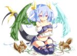  asymmetrical_wings bare_shoulders blue_hair bow breasts chatsubo chatsubo_(yaba-yaba) dizzy guilty_gear hair_bow pink_eyes ribbon short_hair sitting solo squirrel tail tail_ribbon under_boob underboob wariza wings 