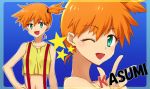 1girl blue_background character_name green_eyes hand_on_hip hips kasumi_(pokemon) midriff open_mouth orange_hair pokemon side_ponytail simple_background smile solo star suspenders v wink 