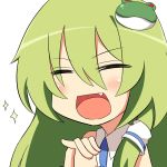  &gt;:d :d =_= bad_id blush closed_eyes eyes_closed fang hands_clasped kikiriri kochiya_sanae long_hair open_mouth simple_background smile solo sparkle touhou white_background 