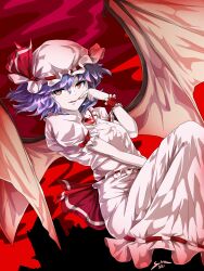  1girl absurdres back_ribbon bat_wings blue_hair commentary_request eye_trail feet_out_of_frame finger_to_mouth fingernails frilled_wrist_cuffs frills gem hat hat_ribbon highres light_trail long_fingernails mansion medium_hair mob_cap parted_lips pink_hat pink_shirt pink_skirt pink_wings puffy_short_sleeves puffy_sleeves red_background red_brooch red_eyes red_gemstone red_nails red_ribbon remilia_scarlet ribbon schnuz shirt short_sleeves silhouette skirt smile solo touhou wings wrist_cuffs 