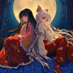  2girls absurdres back-to-back bamboo black_hair bow bowtie brown_eyes commentary_request dress floral_print floral_print_dress footwear_bow frilled_dress frilled_sleeves frills fujiwara_no_mokou full_moon grey_hair hair_bow hand_on_own_face highres houraisan_kaguya liefeng_dm long_hair long_sleeves moon moon_print multiple_girls night night_sky ofuda ofuda_on_clothes on_roof pants pink_shirt print_dress red_dress red_eyes red_pants red_shoes shirt shoes sitting sitting_on_roof sky tile_roof touhou very_long_hair white_bow white_bowtie white_shirt 