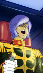  aircraft angry artist_request cockpit control_stick epaulettes garma_zabi gaw gundam gundam_perfect_file highres machinery military_uniform mobile_suit_gundam official_art pilot pilot_chair purple_hair scan scene_reference science_fiction shouting traditional_media zeon 