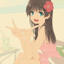  1girl :d absurdres black_hair commentary_request cup double_v dress drinking_glass drinking_straw flower hair_flower hair_ornament hibiscus highres long_hair looking_at_viewer musaki_(msaki666) pink_dress saten_ruiko sitting sleeveless sleeveless_dress smile solo toaru_kagaku_no_railgun toaru_majutsu_no_index v 