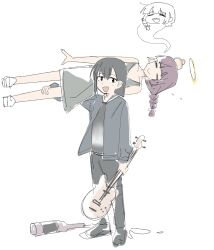  2girls =_= black_hair black_pants black_shirt blue_jacket bocchi_the_rock! braid carrying carrying_person chinese_commentary closed_eyes closed_mouth commentary_request dress giving_up_the_ghost green_dress guitar haidao_mao halo head_bump highres hiroi_kikuri holding holding_guitar holding_instrument instrument iwashita_shima jacket multiple_girls open_mouth pants purple_hair shirt short_hair single_braid sleeveless sleeveless_dress teeth traditional_halo upper_teeth_only 