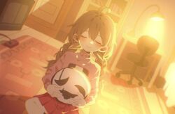  1girl ahoge blush book bookshelf braid brown_hair character_pillow closed_eyes closed_mouth commission desk_lamp door holding holding_pillow indoors lamp low_twin_braids madotsuki my_loleeta pillow pleated_skirt red_skirt rug skirt smile solo swivel_chair twin_braids uboa yume_nikki 