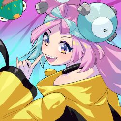  1girl azul_(hhez3423) back bare_arms bellibolt blue_hair bow-shaped_hair character_hair_ornament colored_skin fake_hair_bun frog from_behind gradient_eyes green_skin hair_ornament halter_shirt halterneck hand_up highres index_finger_raised iono_(pokemon) jacket long_hair magnemite multicolored_eyes multicolored_hair open_mouth oversized_clothes pink_hair pokemon pokemon_(creature) pokemon_sv sharp_teeth sleeves_past_fingers sleeves_past_wrists smile split-color_hair teeth twintails upper_body upper_teeth_only very_long_sleeves yellow_jacket 