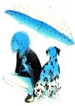  dalmatian dog highres original parasol partially_colored polka_dot sawasawa shirt short_hair skirt solo squatting umbrella 