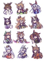  6+girls agnes_tachyon_(umamusume) ahoge aiguillette air_con animal_ears armband armor ascot badge bandeau blue_eyes blue_hairband blue_jacket blue_sailor_collar blue_shirt blunt_bangs blush bomber_jacket bow breasts brown_gloves brown_hair brown_hat brown_sailor_collar burger cape capelet closed_eyes closed_mouth collared_shirt cowboy_hat crown dog_tags dress ear_bow ear_covers ear_ornament ear_piercing ear_ribbon eating epaulettes food gloves gold_ship_(umamusume) green_armband green_bandeau green_bow green_capelet green_eyes green_jacket grey_hair hair_between_eyes hair_bow hair_ornament hairband hat headband highres hime_cut holding holding_burger holding_food horse_ears horse_girl jacket lab_coat large_breasts long_hair long_sleeves looking_at_viewer maruzensky_(umamusume) mayano_top_gun_(umamusume) medium_hair mini_crown multicolored_hair multiple_girls nice_nature_(umamusume) oguri_cap_(umamusume) one_eye_closed open_mouth orange_eyes orange_hair piercing pillbox_hat pink_cape pink_crown red_armband red_dress red_eyes red_headband red_jacket red_serafuku red_shirt sailor_collar school_uniform serafuku sheriff_badge shirt short_hair short_sleeves silence_suzuka_(umamusume) simple_background single_epaulette sleeveless sleeveless_dress sleeves_past_fingers sleeves_past_wrists smile special_week_(umamusume) star_(symbol) streaked_hair striped_clothes striped_hairband symboli_rudolf_(umamusume) t.m._opera_o_(umamusume) taiki_shuttle_(umamusume) tamamo_cross_(umamusume) teeth twintails two-tone_hair two_side_up umamusume unworn_hat unworn_headwear upper_body upper_teeth_only very_long_hair vest violet_eyes white_ascot white_background white_gloves white_hair white_hairband white_shirt wristband 