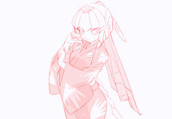  1girl cowboy_shot fairy_leviathan_(mega_man) greyscale helmet japanese_clothes kaidou_zx kimono mega_man_(series) mega_man_zero_(series) monochrome red_theme simple_background solo white_background 