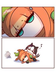  3girls animal_ears bite_mark blush brown_hair carrot carrot_costume closed_eyes closed_mouth costume drooling eating glutton grey_hair happy highres horse_ears horse_girl horse_tail jacket kasamatsu_tracen_training_uniform kuroij long_hair long_sleeves midriff mouth_drool multicolored_hair multicolored_jacket multiple_girls navel oguri_cap_(umamusume) orange_hair pants pantyhose running saliva short_hair silence_suzuka_(umamusume) smile solo special_week_(umamusume) tail track_jacket track_pants track_suit two-tone_hair umamusume white_hair 