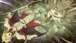  1boy armor bird black_cape black_gloves blank_eyes blonde_hair cape emphasis_lines from_above game_cg gloves holding holding_polearm holding_weapon kicking kitamura_motoyasu male_focus medium_hair non-web_source official_art open_mouth owl polearm sidelocks spear spread_wings stone_floor tate_no_yuusha_no_nariagari tate_no_yuusha_no_nariagari_rise teeth turn_pale weapon wide_oval_eyes 