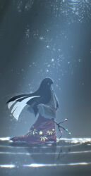  1girl absurdres bamboo bamboo_forest branch commentary english_commentary forest frilled_sleeves frills highres holding holding_branch houraisan_kaguya jeweled_branch_of_hourai leaf_print long_hair long_skirt long_sleeves mixed-language_commentary nature oubachiago outdoors pink_shirt print_skirt procreate_(medium) red_skirt reflection reflective_water ripples shirt skirt solo touhou very_long_hair water wide_sleeves 