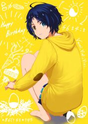  1girl barefoot blue_eyes blue_hair brown_eyes egg_print english_text feet hair_ornament hairclip happy_birthday heterochromia highres holding holding_pencil hood hood_down hoodie looking_at_viewer looking_back mechanical_pencil ooto_ai pencil selen_(selen_mcg) short_hair shorts solo wonder_egg_priority 