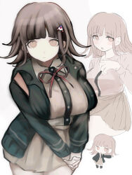  1girl :o breasts brown_hair collared_shirt danganronpa_(series) danganronpa_2:_goodbye_despair flipped_hair galaga hair_ornament hood ikemen'na_ore-shi jacket large_breasts long_sleeves medium_hair multiple_views nanami_chiaki neck_ribbon open_clothes open_jacket own_hands_together pink_eyes pink_ribbon ribbon shirt skirt spaceship_hair_ornament white_shirt 