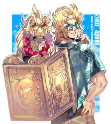  1boy artist_name blonde_hair blue_eyes blue_sky box commentary_request flower hair_ornament hairclip hawaiian_shirt highres kei_(nvew8238) leo_aiolia lion male_focus saint_seiya shirt short_hair sky smile sunglasses 