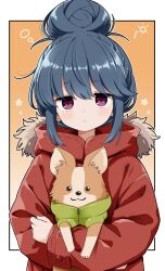  1girl animal animal_in_clothes azumawari_(azumofu) blue_hair blunt_bangs border chihuahua chikuwa_(yurucamp) coat commentary_request dog earmuffs expressionless fur-trimmed_coat fur_trim hair_bun highres holding holding_animal holding_dog light_blush long_sleeves looking_at_viewer orange_background outline outside_border parted_lips shima_rin sidelocks simple_background single_hair_bun smile solo squeans violet_eyes white_border white_outline winter_clothes yurucamp 