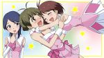  2girls akizuki_ryou antenna_hair bare_shoulders blush brown_eyes brown_hair closed_eyes crossdressinging cute_&amp;_girly_(idolmaster) eyes_closed glomp hidaka_ai hug idolmaster idolmaster_dearly_stars jewelry mizutani_eri multiple_girls odd_one_out open_mouth short_hair smile sweatdrop tame_meshi trap 