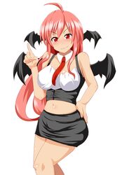  adapted_costume ahoge alternate_costume bat_wings blush breasts detached_collar head_wings index_finger_raised koakuma large_breasts long_hair midriff miniskirt navel necktie raised_finger skirt sugamo the_embodiment_of_scarlet_devil touhou wings 