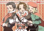  3girls ahoge armor assassin&#039;s_creed assassin&#039;s_creed_ii assassin's_creed assassin's_creed_ii blonde_hair blue_eyes brown_hair cape crossed_arms ezio_auditore_da_firenze genderswap leonardo_da_vinci multiple_girls niccolo_di_bernardo_dei_machiavelli smile 