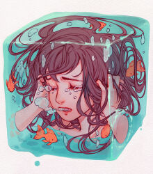  1girl air_bubble breath brown_hair bubble closed_eyes covering_own_ears cube disembodied_hand disembodied_head fish fish_request floating_hair open_mouth original qinni solo_focus submerged tears underwater water 