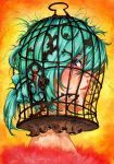  aqua_hair asahi_(sakanasakana) birdcage cage lips original traditional_media watercolor_(medium) 