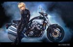 ahoge blonde_hair boyaking fate/zero fate_(series) formal motor_vehicle motorcycle necktie pant_suit ponytail saber solo suit vehicle yamaha_v-max 