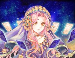  1girl absurdres arabian_clothes blue_vest card chinese_commentary collarbone commentary_request dress expressionless eyelashes floating_card gold_necklace highres jewelry lan_sing light_blush light_particles lips long_hair long_sidelocks looking_at_viewer magic_circle miracle_nikki necklace night night_sky nikki_(series) parted_lips partial_commentary pink_hair pink_lips purple_dress sidelocks sky solo star_(sky) star_priest_(miracle_nikki) starry_sky tarot tarot_card upper_body very_long_hair vest wavy_hair yellow_eyes 