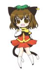  :d animal_ears bow brown_eyes brown_hair cat_ears cat_tail chen chibi hat jewelry lowres multiple_tails nagamo_sakana open_mouth single_earring smile solo standing tail touhou transparent_background 