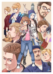  5boys 5girls :o baseball_cap beanie beard black-framed_eyewear black_boots black_shoes black_skirt blonde_hair blue_butterfly blue_eyes blue_hair blue_hat blue_jacket blue_pants boots border bra bra_peek bracelet breasts brown_background brown_eyes brown_hair brown_shirt bruise bruised_eye bug bullet_necklace butterfly chloe_price closed_mouth collarbone collared_shirt commentary_request david_madsen deer denim everyone facial_hair flask frank_bowers glasses grey_jacket hair_bun hands_on_own_chest hat highres holding holding_flask holding_paper hood hood_down injury jacket jeans jewelry joyce_price kate_marsh layered_sleeves life_is_strange_(series) life_is_strange_1 light_smile lighthouse long_sleeves looking_at_viewer mark_jefferson max_caulfield missing_poster multiple_boys multiple_girls mustache nathan_prescott open_clothes open_jacket pants pantyhose paper parted_lips pink_shirt pompidou_(life_is_strange) print_shirt profile rachel_amber reaching reaching_towards_viewer red_jacket shirt shoes short_hair short_over_long_sleeves short_sleeves signature single_hair_bun skirt skull_print small_breasts sneakers standing t-shirt three-quarter_sleeves torn_clothes torn_pants underwear unzipped v very_short_hair victoria_chase walkie-talkie warren_graham watch watch white_border white_shirt wing_collar yoohi zipper 